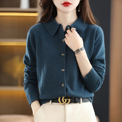 2024 Women's POLO Collar Knitted Cardigan Basic Versatile Top Spun Wool Jacket Elegant Single Breasted Sweater DMR430