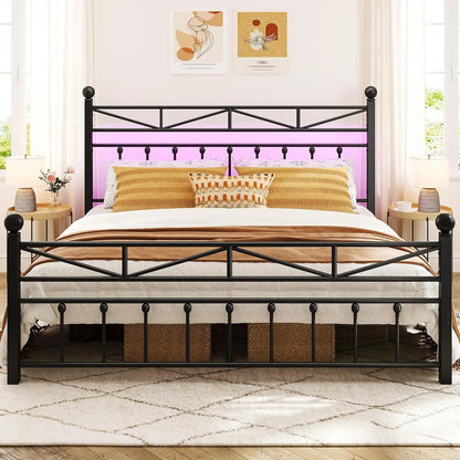 54" King Metal Bed Frame with LED Lights, Tall Headboard, Under Bed Storage, Noise-Free Design - No Box Spring Needed