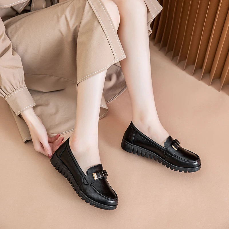 Elegant Women's Ballet Flats Solid Color Slip-On Loafers with Breathable Split Cow Leather Upper PU Sole and Comfortable Polyure