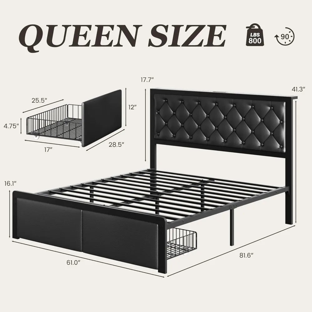 Frame with 2 Storage Drawers, Upholstered Headboard Button Tufted Bed Frame with Charging Station, No Box Spring Neede