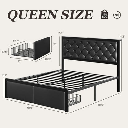 Frame with 2 Storage Drawers, Upholstered Headboard Button Tufted Bed Frame with Charging Station, No Box Spring Neede