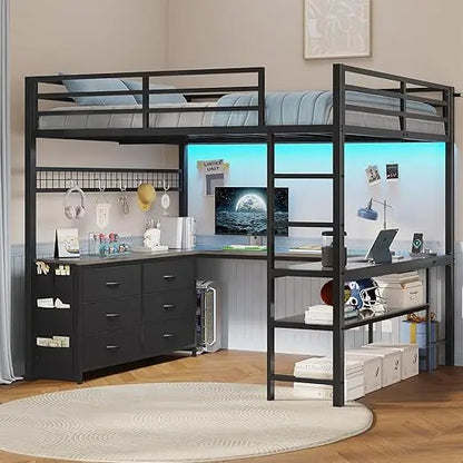 Loft Bed Full Size with U-Shaped Desk, 6 Storage Drawers, Power Outlet, LED Metal Loft Bed with 2 Storage Shelves,White
