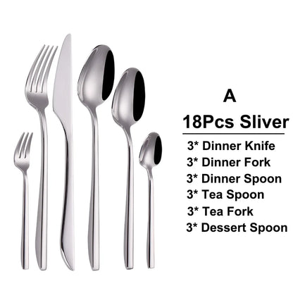 6/12/15/18/21 Pieces Sliver Cutlery Set Stainless Steel 304 Tableware Western Dinner Set Mirror Elegant Knife Fork Spoon