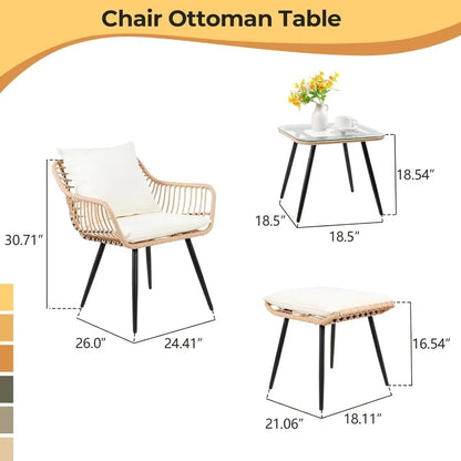 5 Piece Patio Bistro Set with Ottoman, Outdoor Wicker Apartment Balcony Furniture Sets, Rattan Table and Chairs Set of 2
