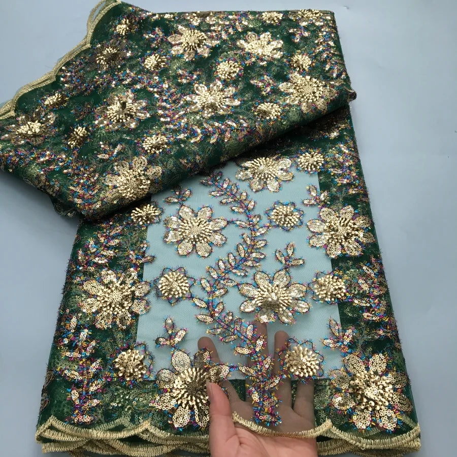 20225 French Flocking Tulle Lace Fabric High Quality 5 Yards Embroidered Sequins African Nigerian Lace Fabric for women Sewing