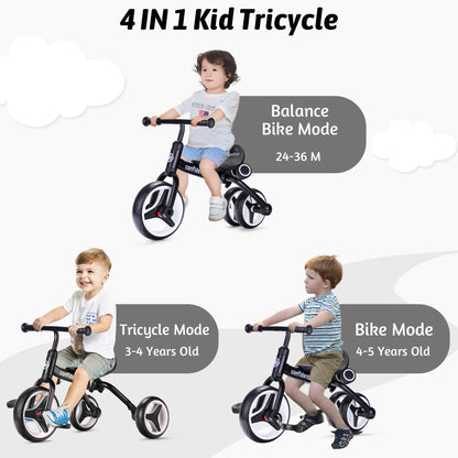 4 In 1 Kids Tricycle For 2-5 Years Old Boy & Girl Gift, Folding Toddler Balance Bike With Removable Pedals Balance Training Bike