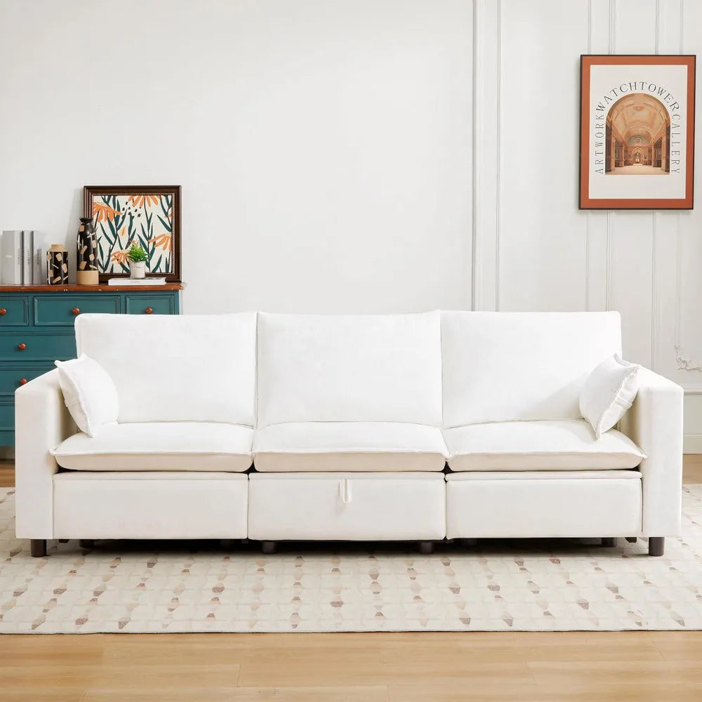 Oversized Power Reclining Sofa, Cream Cloud Chenille Recliner Couch with Adjustable Headrest, Pillows & Hidden Storage, Comforta