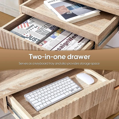 Modern Oak Computer Desk 55 Inch with Keyboard Tray And Power Outlets 2-in-1 Main Drawer with Adjustable File Drawer,Customized