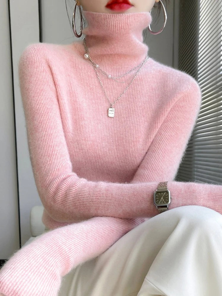 AOSSVIAO 2025 Autumn Winter Soft Turtleneck Cashmere Knitted Sweater Korean Style Slim Fit Solid Color Basics Pullovers