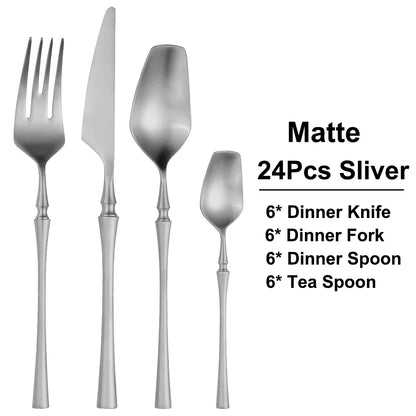 6/16/24Pcs Sliver Tableware Stainless Steel 304 Cutlery Matte Dinner Set Western Fork Spoon Mirror Flatware Dishwasher Safe