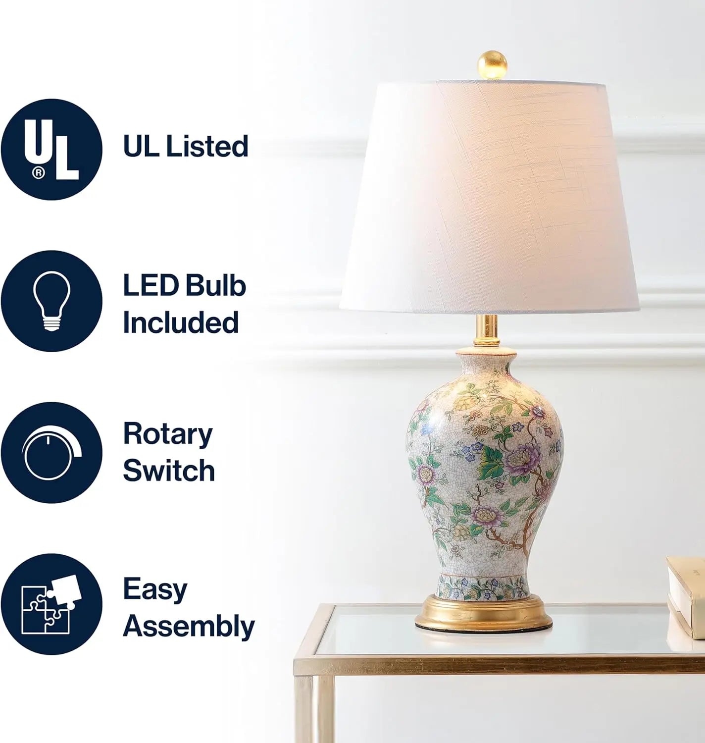 Grace 24" Floral LED Table Lamp for Bedroom, Living Room, Office - Classic Cottage Style with Included Bulb