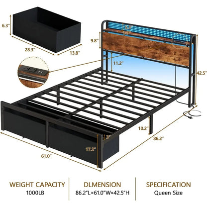 Bed Frame with Headboard Storage, Platform Bed Frame with 2 Drawers, Charging Station and LED Lights, No Box Spring Needed
