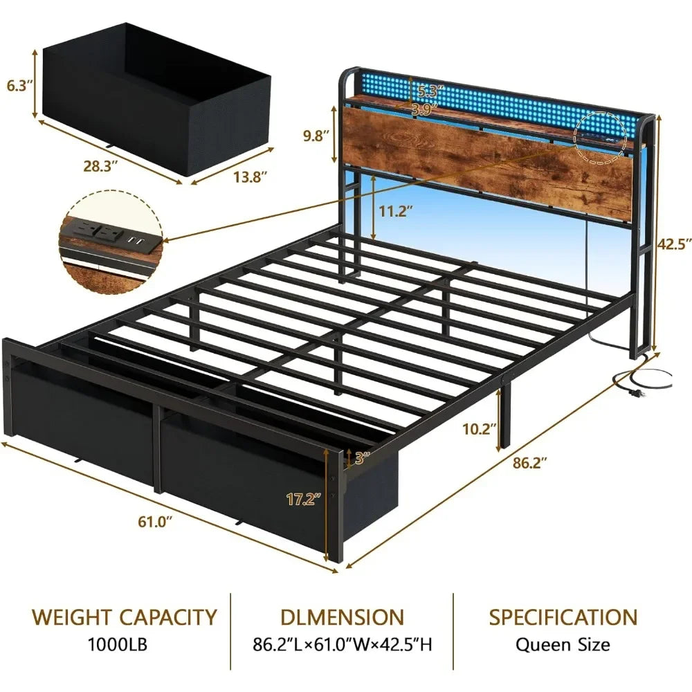 Bed Frame with Headboard Storage, Platform Bed Frame with 2 Drawers, Charging Station and LED Lights, No Box Spring Needed