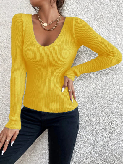 Winter To Spring Women Solid Rib Knit V Neck Stripe Pull Sweater Femme Y2k Long Sleeve Pullover Jersey Tops Fashion Clothes