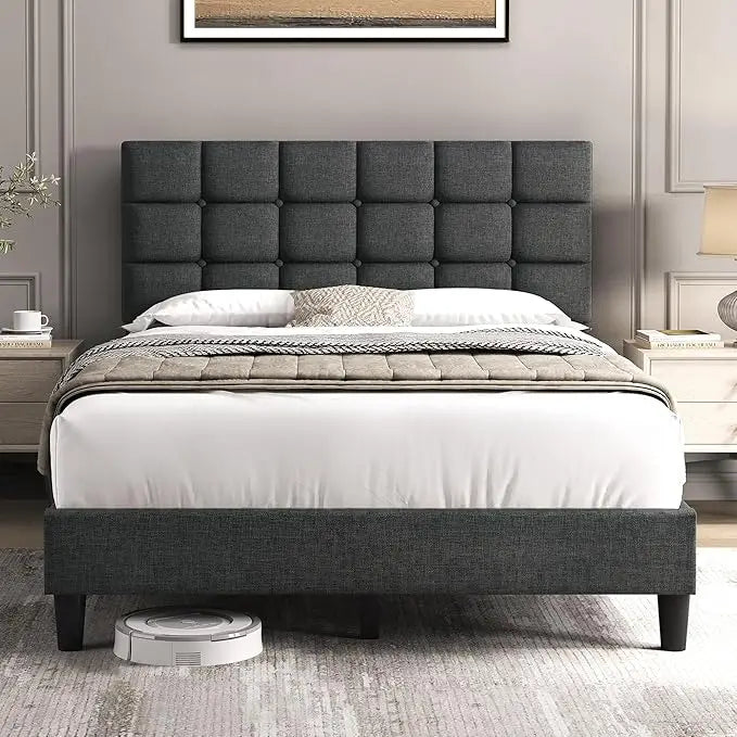 Upholstered Bed Frame, Modern Queen Bed Platform with Square Stitched&Button Tufting Headboard Height Adjustable, Wooden