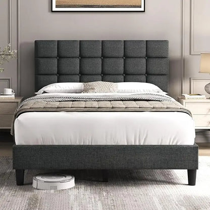Upholstered Bed Frame, Modern Queen Bed Platform with Square Stitched&Button Tufting Headboard Height Adjustable, Wooden