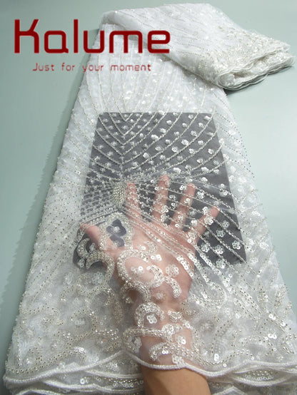 Kalume Lace 2025 African Beaded Tulle Lace Fabric Soft High Quality Mesh Net Lace Fabric with Sequins For Sewing Wedding F4500