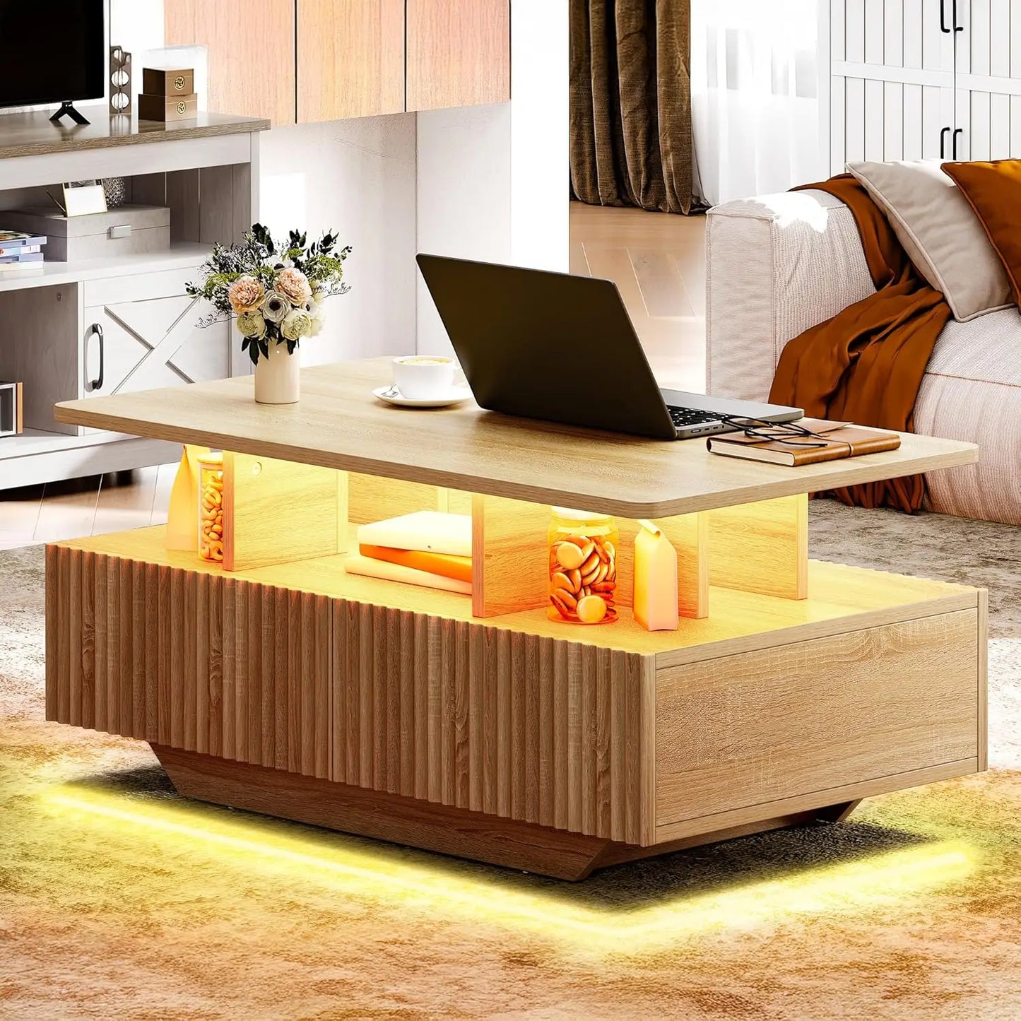 led coffee tables for living room, high glossy coffee table with storage 4 sliding drawers, small rectangular led coffee table