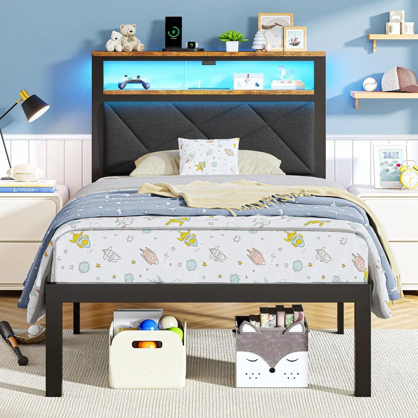 Twin Bed Frame with LED Headboard, USB Charging, Storage Shelves & Underbed Space, Dark Gray