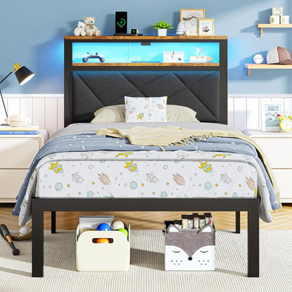 Twin Bed Frame with LED Headboard, USB Charging, Storage Shelves & Underbed Space, Dark Gray