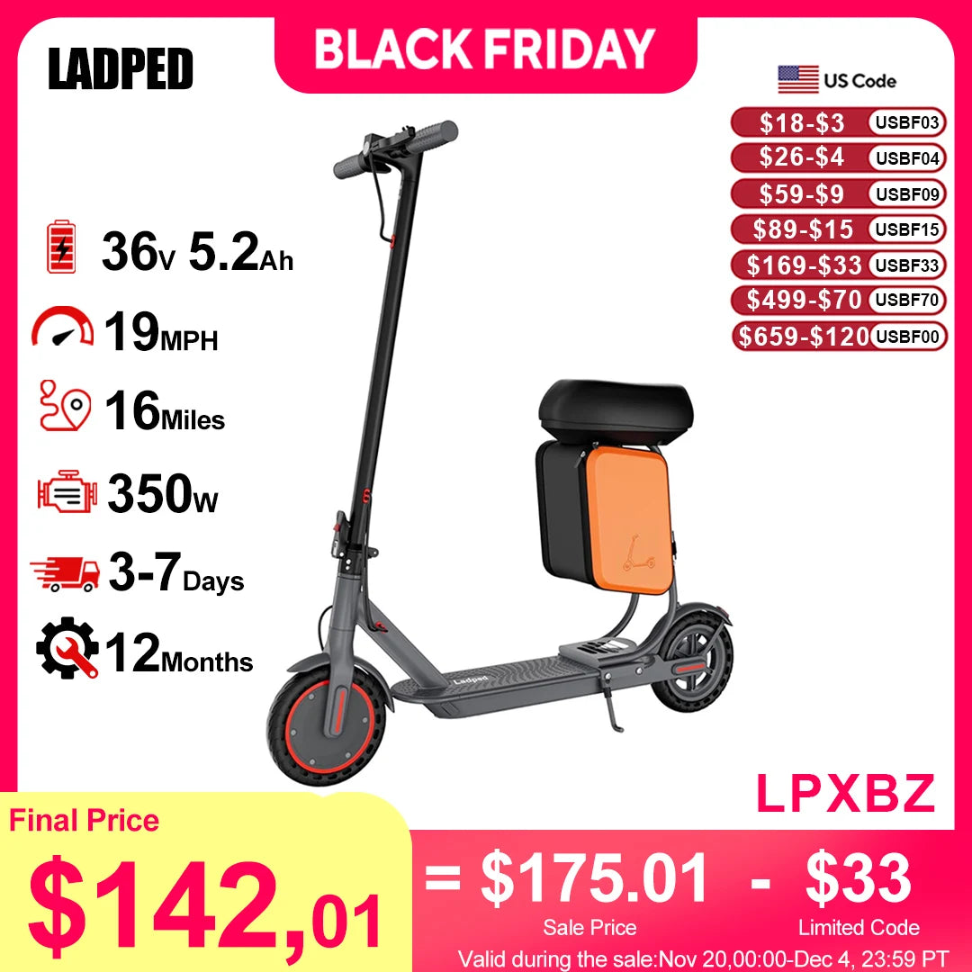 LADPED Electric Scooter 350W Motor 36V 5.2Ah Battery app Control 19mph Max Speed Up to 16miles Range Foldable Scooter with Seat