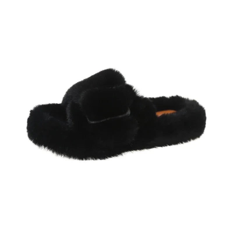 Women's Fashion Flat Fluffy Slippers Winter New Round Head Open Toe Suede Warm Comfortable Cotton Drag