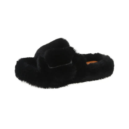 Women's Fashion Flat Fluffy Slippers Winter New Round Head Open Toe Suede Warm Comfortable Cotton Drag