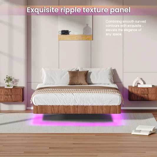 Walnut Queen Floating Bed Frame with LED Lights Wave Curve Wood Texture Heavy Duty Metal Slats No Box Spring Needed