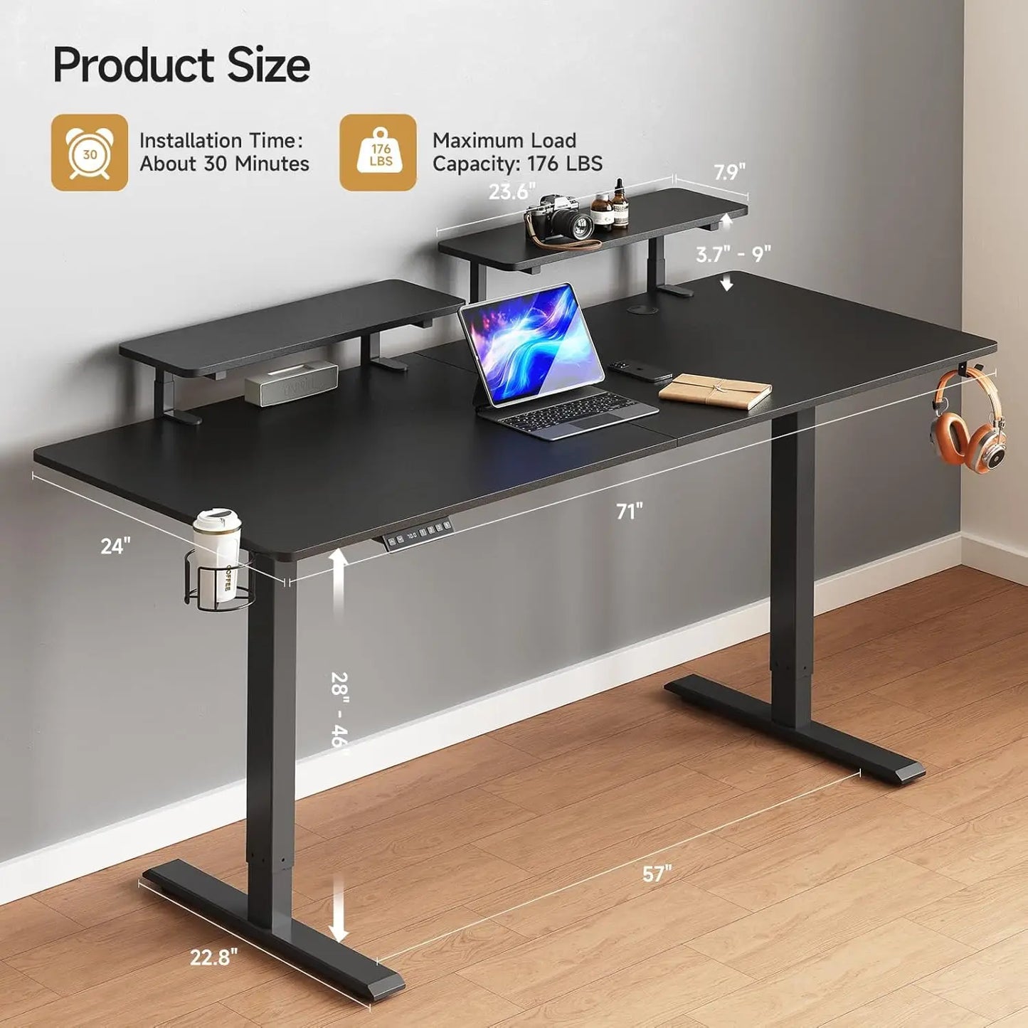 Standing Desk w/ 2 Adjustable Monitor Shelves,Electric Stand Up Desk with Memory Controller & Adjustable Height