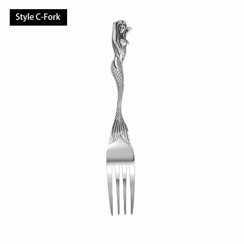 Creative Party Decor Fork and Spoon Set Skull Angel Mermaid Cutlery Stainless Steel Fork Spoon Halloween Party Dinner Cutlery