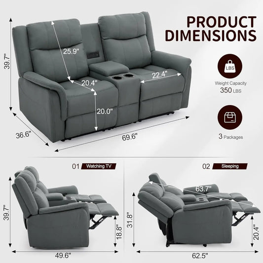 Loveseat Recliner Sofa, Reclining Loveseat Couch, Reclining Couch with Console, USB Port, US Outlets, and Cup, Customized
