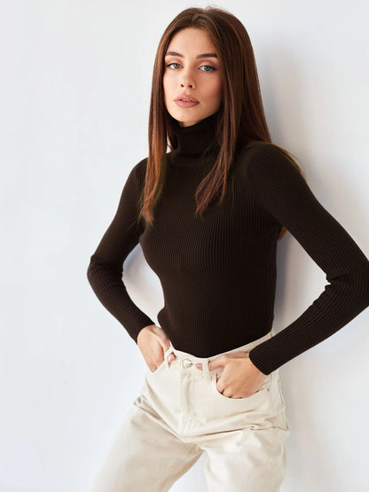 2025 Autumn Winter Turtleneck Sweaters Slim Versatile Tops Women Soft Warm Pullover Ribbed Knitted Simple Elegant Women Sweater