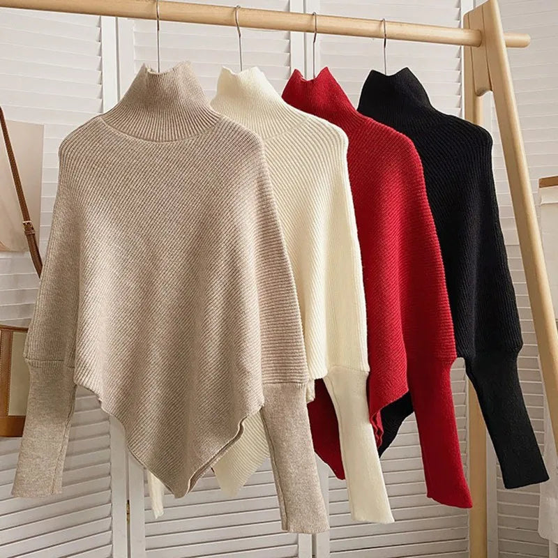 2025 Autumn Winter Women Fashion Irregular Loose Knit Sweater Vintage High Neck Long Sleeve Female Pullovers Chic Tops