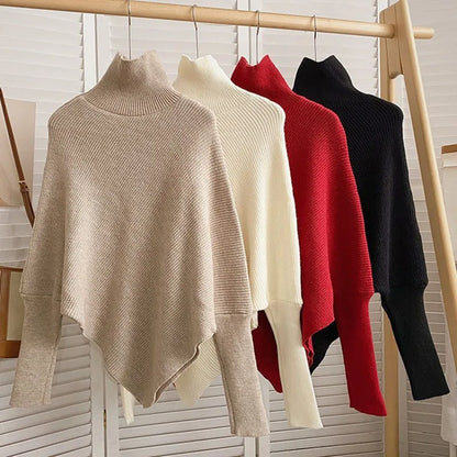2025 Autumn Winter Women Fashion Irregular Loose Knit Sweater Vintage High Neck Long Sleeve Female Pullovers Chic Tops