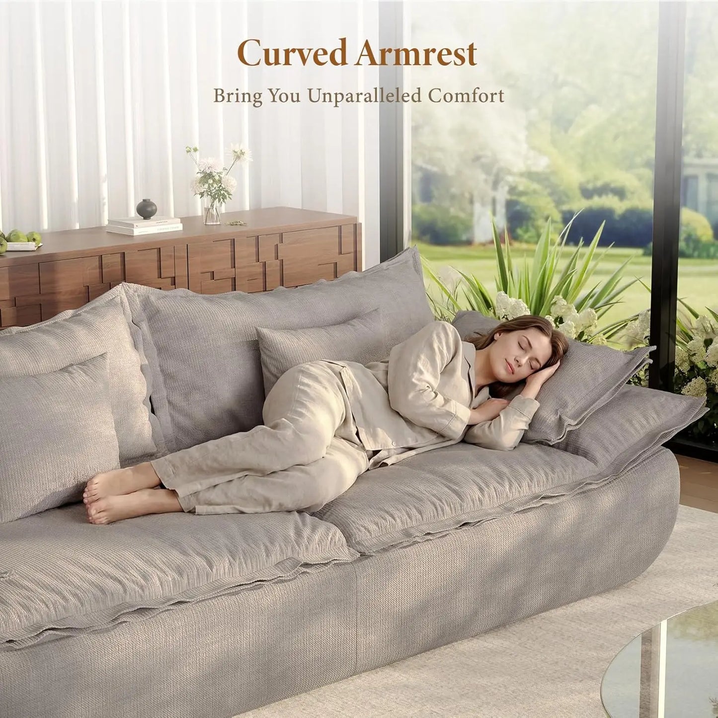 Modern 3-Seater Cloud Couch with Deep Seat, Comfy Chenille Upholstery, Curved Armrests, No Assembly Required, Light Grey