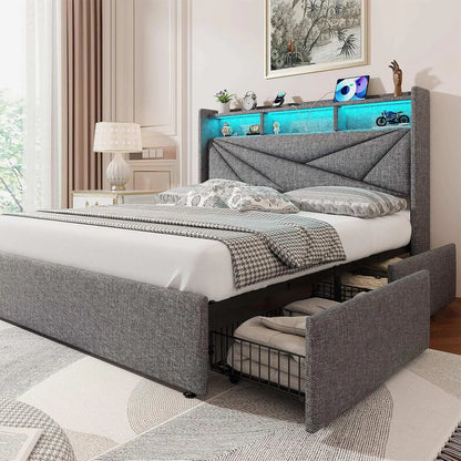 LED Queen Bed Frame with 4 Storage Drawers, Upholstered Bed Frame Queen Size with 2-Tier Headboard and Charging, Customized