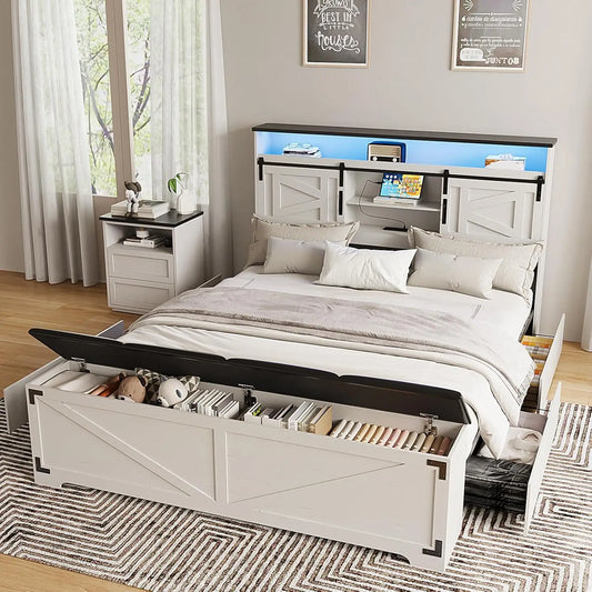 Farmhouse Queen Size Bed Frame with Headboard and Storage Ottoman, Sliding Barn Door & 4 Drawers, LED Lights and, Customized