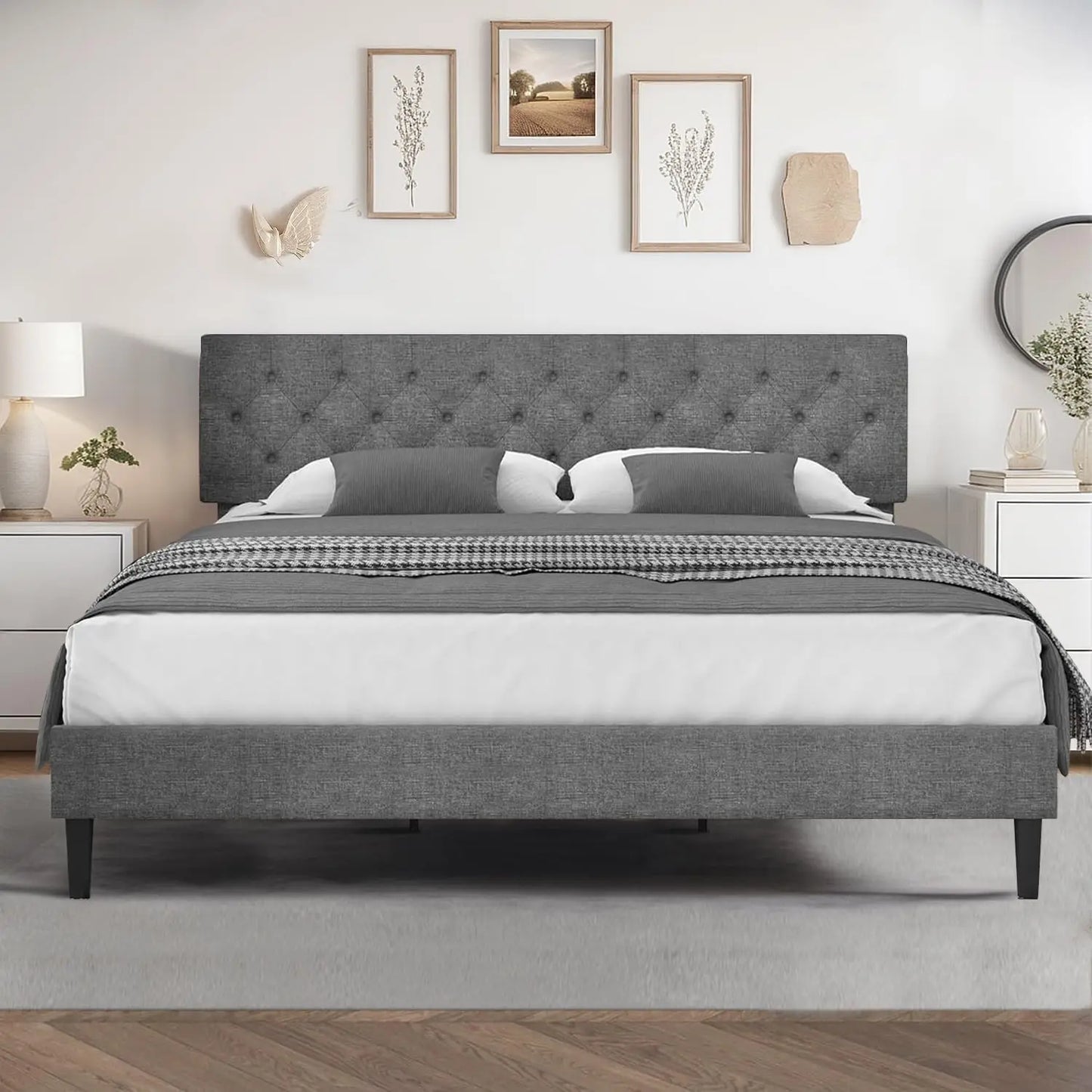 Bed Frame with Headboard, Linen Fabric Upholstered Platform Bed Frame, Button Tufted Bed Frame , Customized