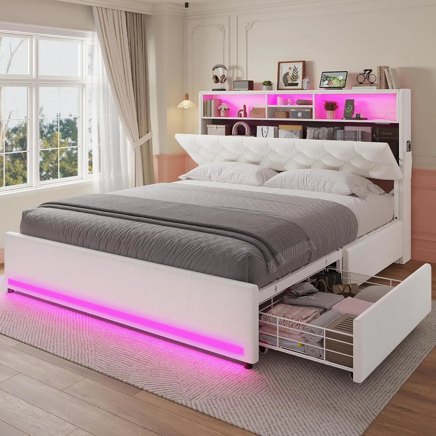 Modern Velvet Platform Bed with LED Lights, Storage Drawers, and Charging Station in Creamy White