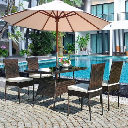 5 Piece Patio Wicker Dining Set, Outdoor Rattan Table and Chairs with w/Tempered Glass Table Top & Padded Cushions, Wicker Pati