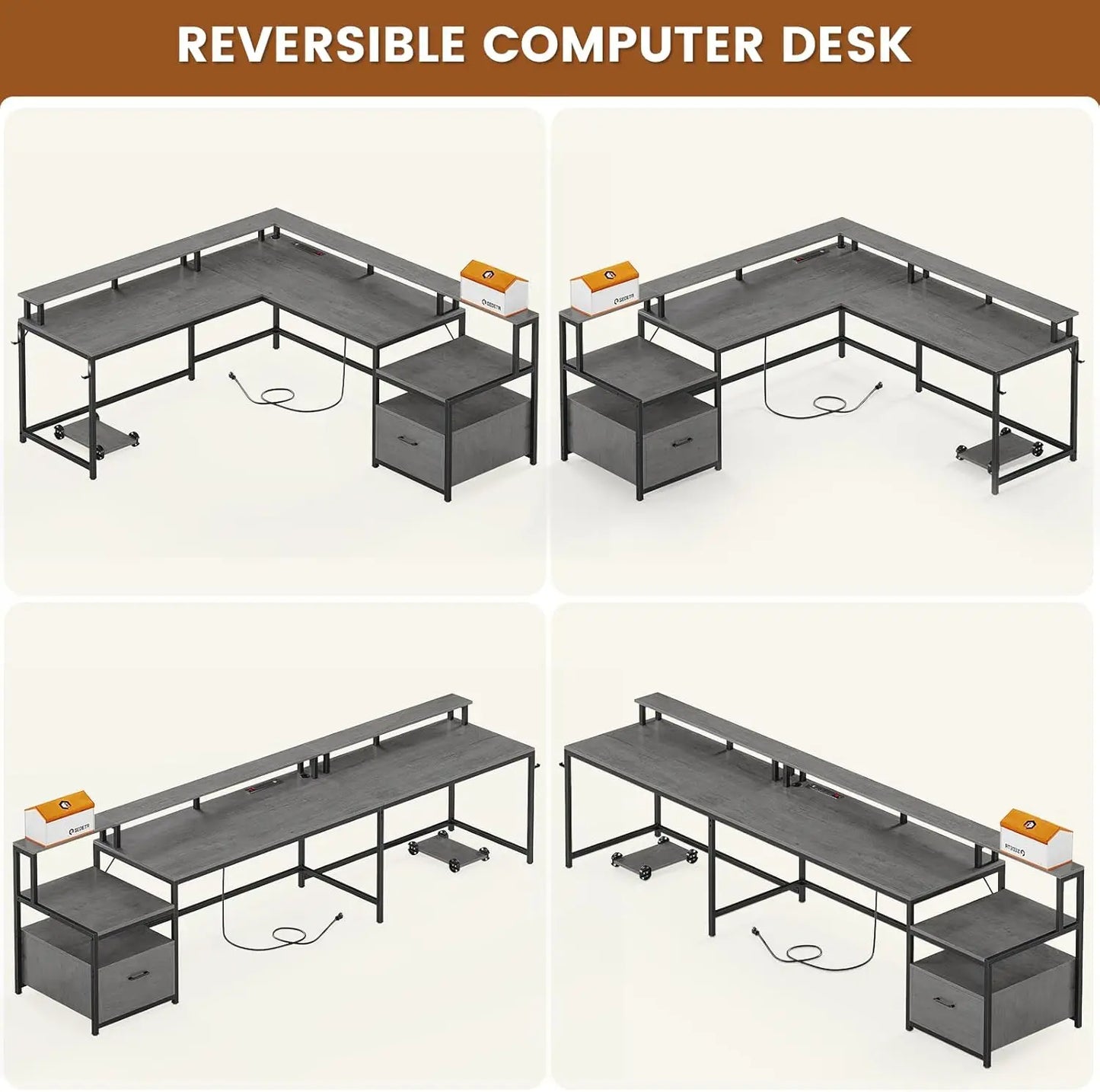 L-Shaped Gaming Desk with LED Lights, Power Outlet & Storage, 66" Home Office Corner Desk for Two Persons, Grey