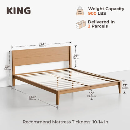 King Japanese Joinery Platform Bed Frame, Mid-Century with Tall Headboard, Noise-Free Solid Bamboo Wood, Customized