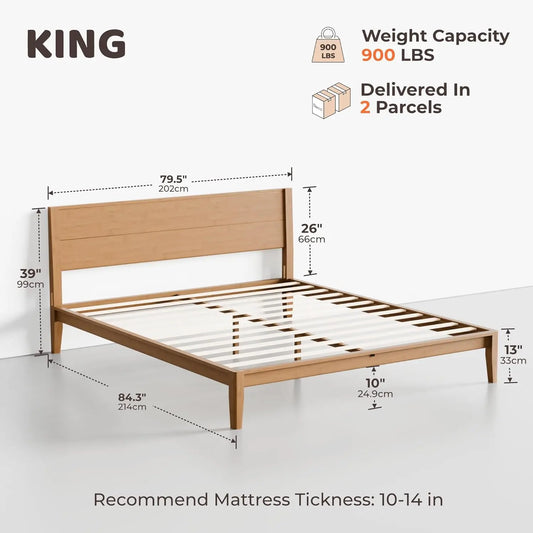 King Japanese Joinery Platform Bed Frame, Mid-Century with Tall Headboard, Noise-Free Solid Bamboo Wood, Customized