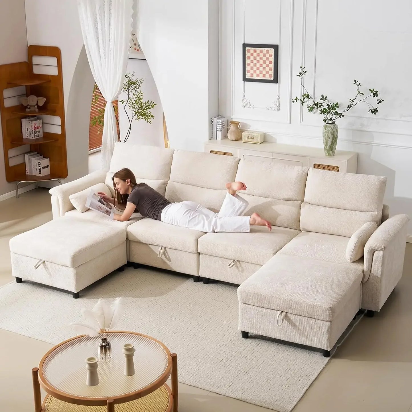 132'' Oversized Modular Sectional Sofa, U Shaped Comfy Sectional Couch with Large Storage, 6 Seat Chenille Deep, Customized