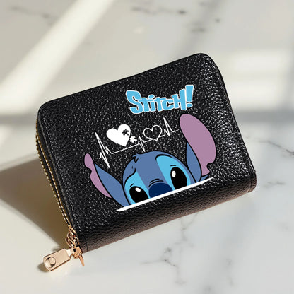 Stitch Design PU Leather Wallet – Double Zipper Short Coin Purse with Card Slots, Cute Cartoon Style, 4 Colors Available