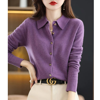 2024 Women's POLO Collar Knitted Cardigan Basic Versatile Top Spun Wool Jacket Elegant Single Breasted Sweater DMR430