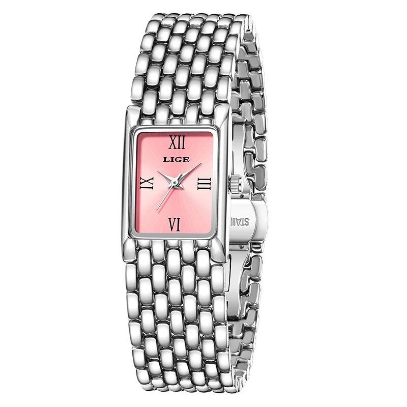 LIGE Luxury Golden Womens Wristwatch Square Quartz Steel Watch for Woman Elegant Bracelet Waterproof Fashion Ladies Watches+Box