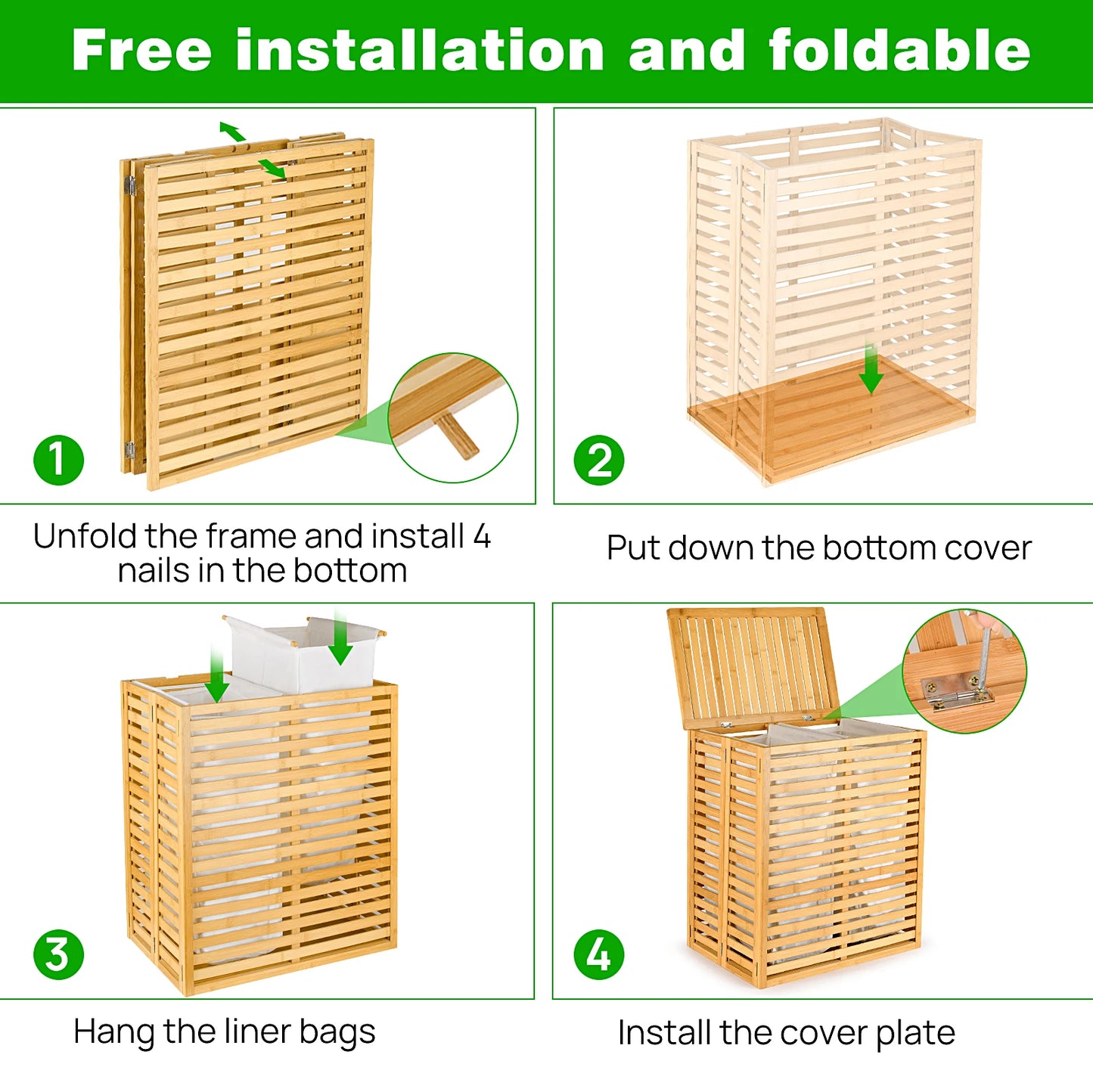 Bamboo Laundry Hamper with Lid – Foldable Clothes Basket with 2-Section Removable Liner Bag, Space-Saving Laundry Sorter for Ba