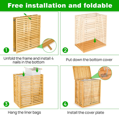 Bamboo Laundry Hamper with Lid – Foldable Clothes Basket with 2-Section Removable Liner Bag, Space-Saving Laundry Sorter for Ba