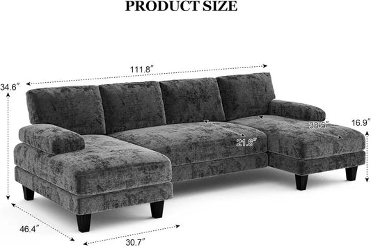 U-Shaped Sectional Sofa 111 Inch Modular Couch with Double Chaise, Large Lounge Sofa for Living Room Apartment Grey